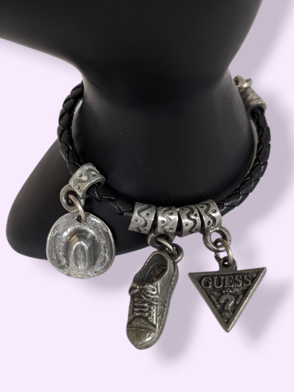Guess Black Braided Leather Charm Bracelet